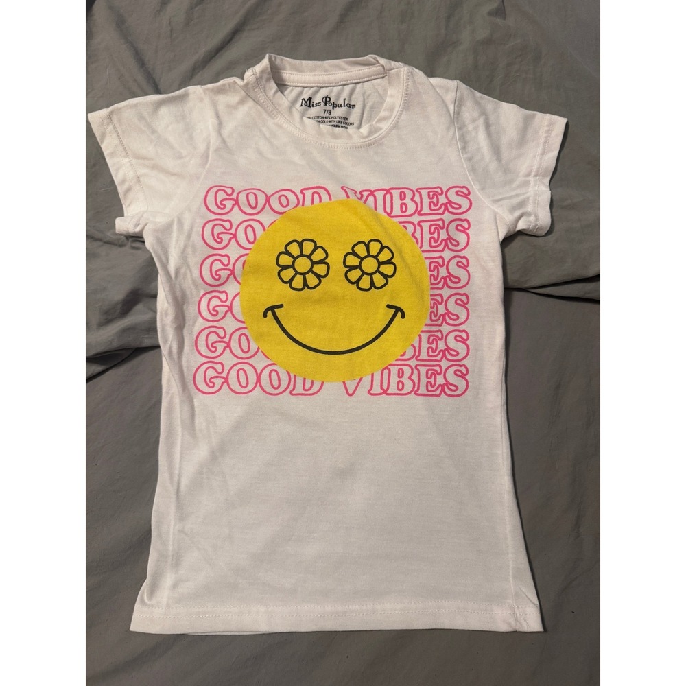 Miss‎ Popular Girls Good Vibes Smiley Face Graphic T-Shirt White Size 7/8